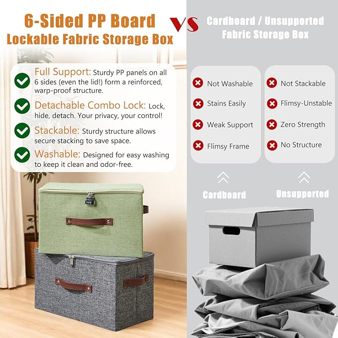 2PCS Storage Bins Boxes with Zipper Lid Combination Lock PU Leather Handle Cotton Linen Fabric Lidded Lockable Basket Foldable Washable Closet Shelf Organizer Container (Light Gray, Small)