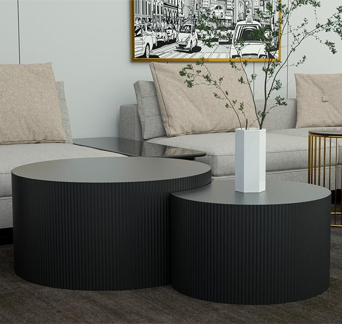 KEVINSPACE Coffee Table Set of 2 Modern, Wooden Circle End TableSet, Living Room Nesting Table Round 2-Piece,No Assembly Required Accent Furniture for Bedroom Balcony Library,Black