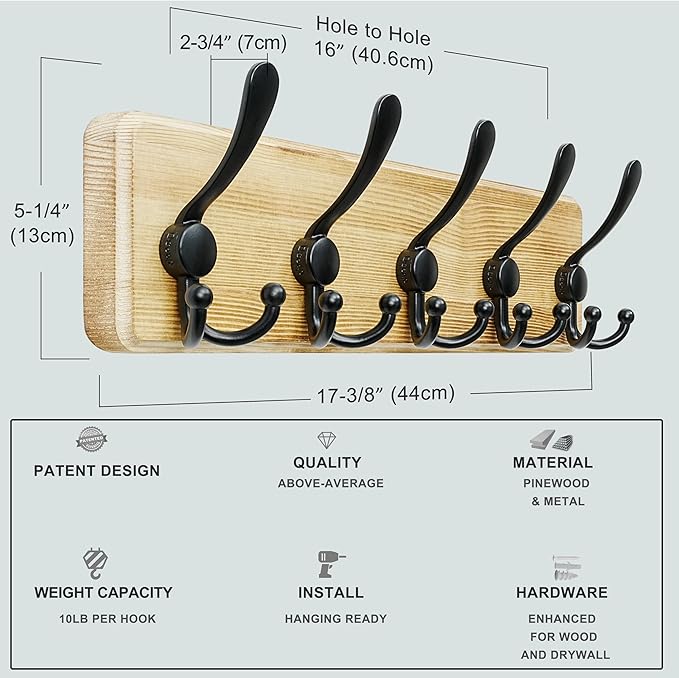 Dseap Coat Rack Wall Mounted - 5 Tri Hooks, Heavy Duty, Wooden Wall Coat Hanger Coat Hook for Clothes Hat Jacket Clothing, Natural & Black