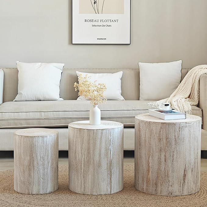 kevinplus Round Nesting Small Coffee Table Side Table End Set of 3 for Living Room Bedroom, Farmhouse Countryside Style, No Assembly, Antique White