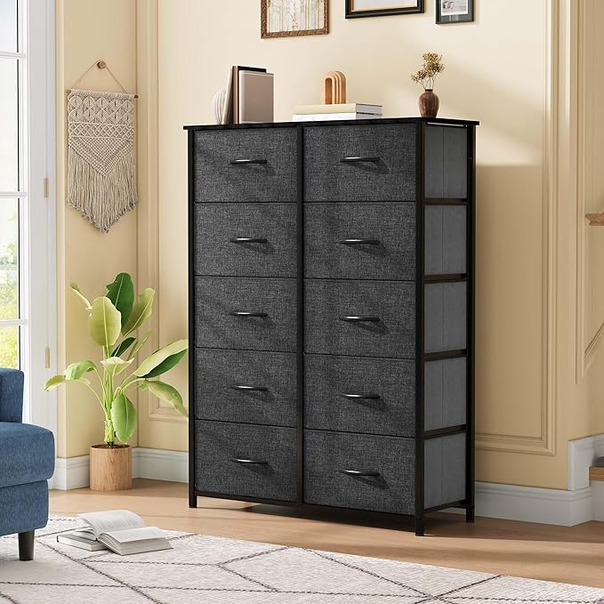 DWVO 10 Drawer Dresser - Fabric Storage Tower, Organizer Unit for Bedroom, Living Room, Hallway, Closets - Sturdy Steel Frame, Wooden Top & Easy Pull Fabric Bins-NeatNest