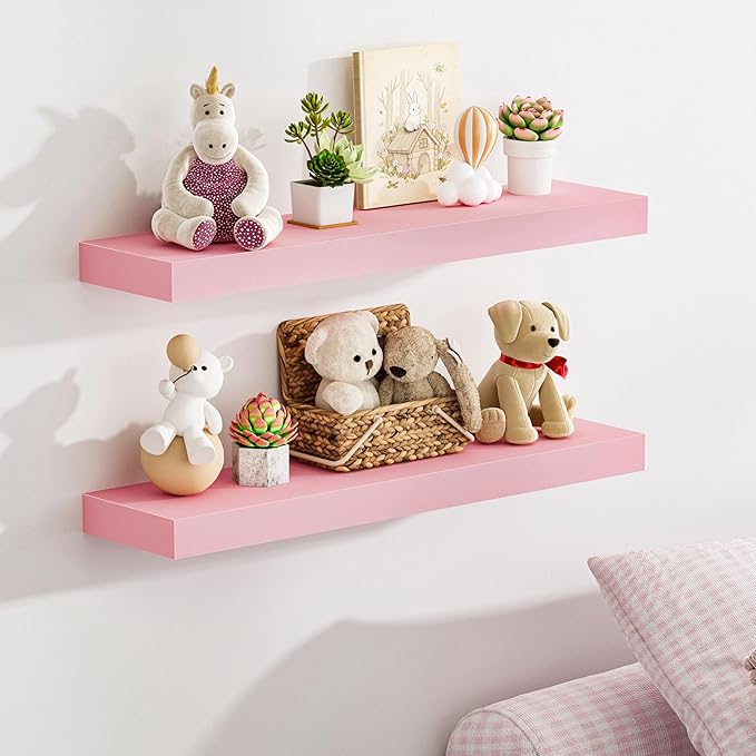 BAMEOS Pink Floating Shelves for Wall, 24" x 6" Wall Shelves for Room, Floating Book Shelves, Hanging Shelves for Bedroom, Bedroom, Living Room, Kitchen (Set of 2)-NeatNest