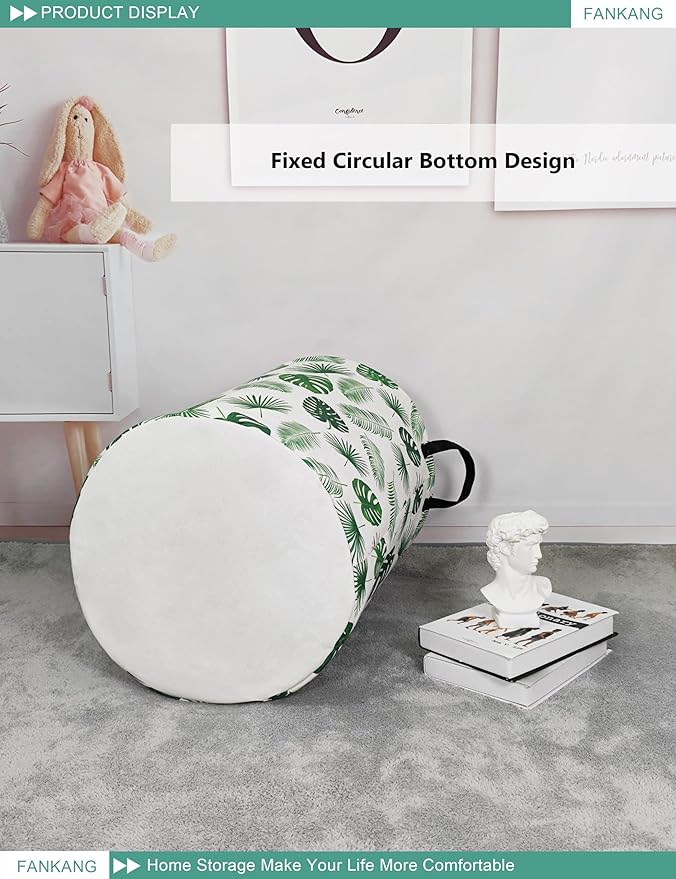 FANKANG Storage Basket, Nursery Hamper Canvas Laundry Basket Foldable with Waterproof PE Coating Large Storage Baskets for Kids Boys and Girls, Office, Bedroom, Clothes,Toys(Leaf)