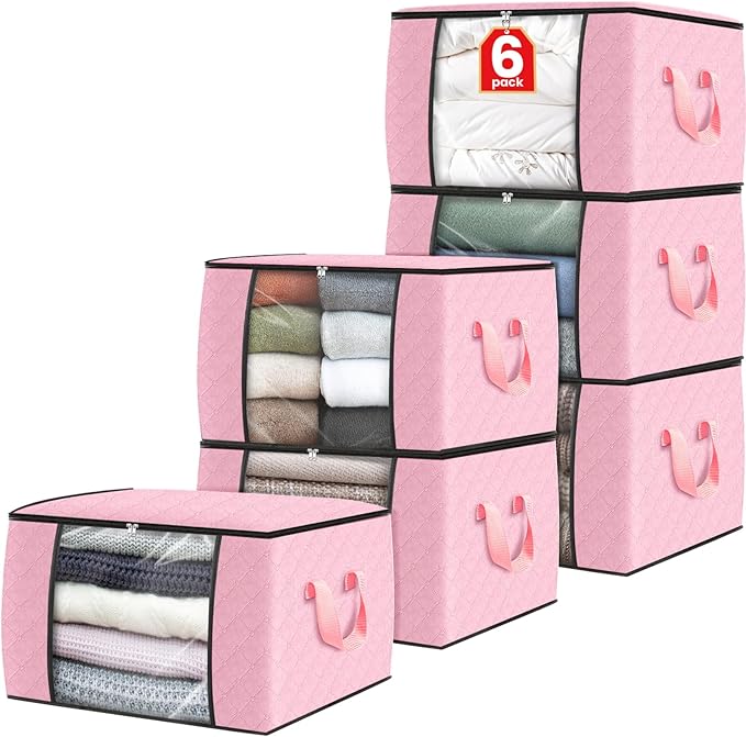 Fab totes 6 Pack Clothes Storage, Foldable Thick Fabric Blanket Storage Bags, Containers for Organizing Bedroom, Closet, Clothing, Comforter,Organization with Handle,Pink-NeatNest