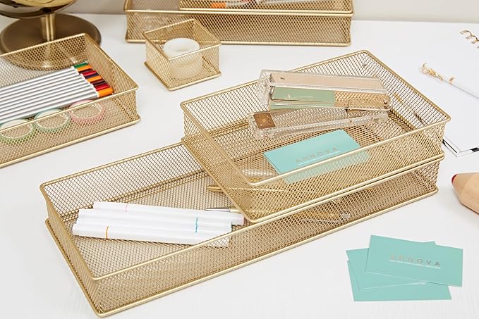 Annova Mesh Stackable Drawer Cabinet and Shelf Organizer Bins Storage Basket School Office Supply Holder Tray- Set of 2 (Gold, 6x15x2 Inch)-NeatNest