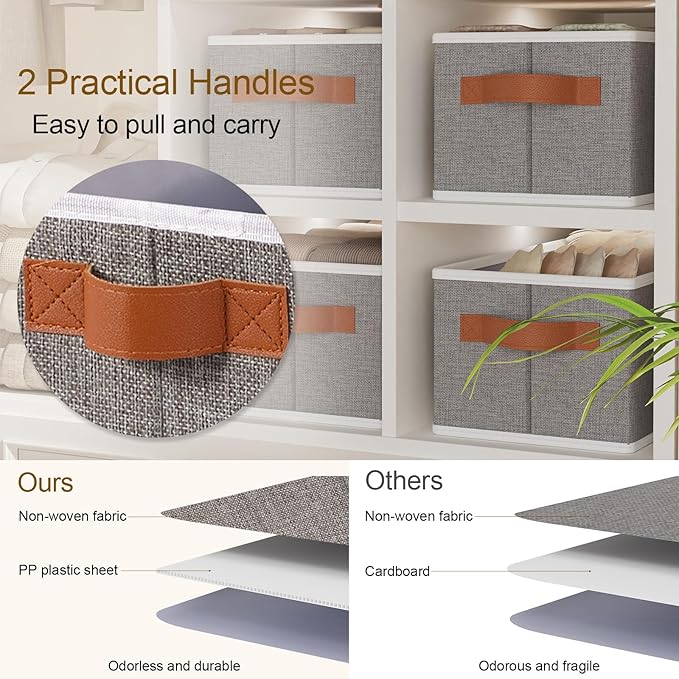 Fabric Storage Cubes 5-Pack, Foldable Open Clothes Boxes, 15 x 6 x 5 Inch Organizer Bins with Double Handles, Closet Basket Containers, Gray-NeatNest