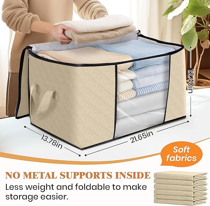 Fab totes 3 Pack Clothes Storage, Foldable Thick Fabric Blanket Storage Bags, Containers for Organizing Bedroom, Closet, Clothing, Comforter,Organization with Handle,Beige-NeatNest