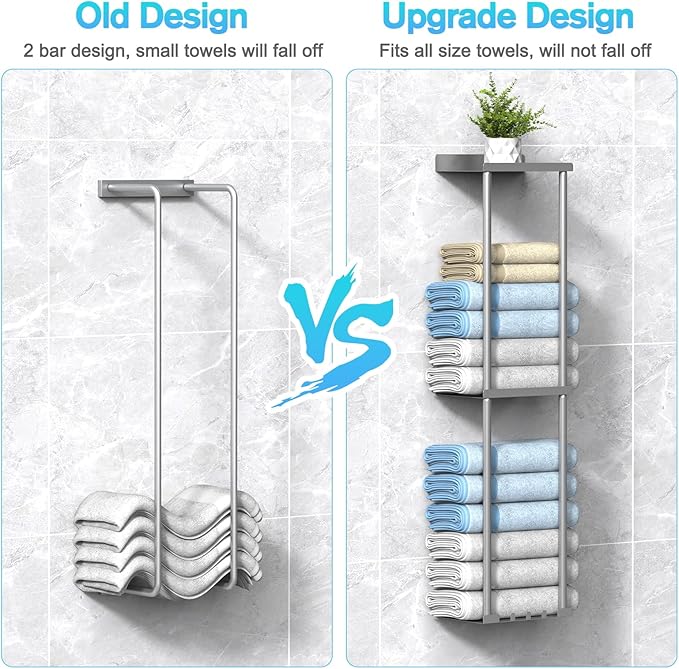 Towel Rack Storage for Bathroom, Wall Mounted Vertical Rolled Towel Organizer Holder with Shelf, Holds Up 6 Large Bath Sheets, Silver Grey