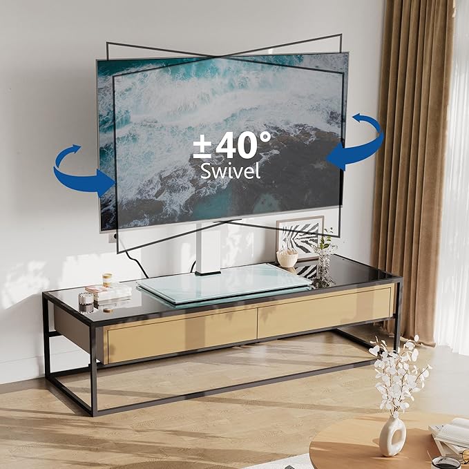 FITUEYES Universal TV Stand with Power Outlets for 50-85 inch TVs, Swivel&Height Adjustable Tall TV Stand for Bedroom Living Room, 27.5''Large Tempered Glass Base Holds up to 143 lbs, Ivory White