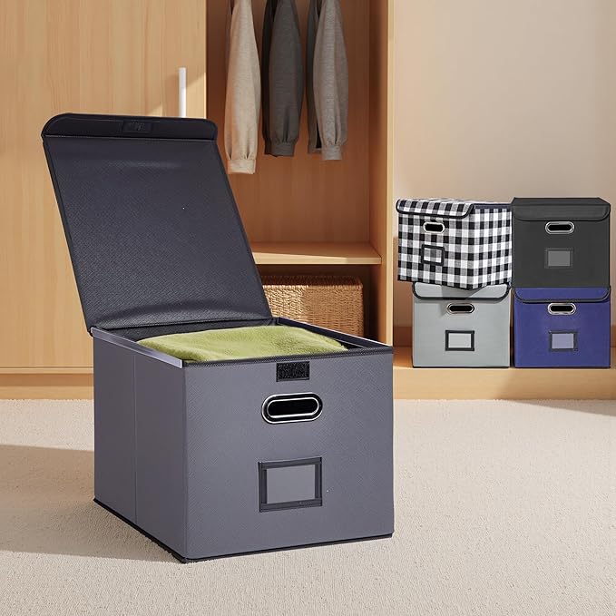 File Organizer Box, Linen Filing Organizer with Lid, Large Desktop File Boxes,Dark Grey,2 Pack