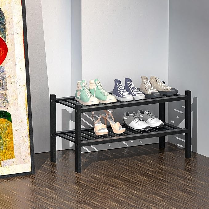 Shoe Rack 2-Tier Organizer-Stackable Storage Shelf with Multi-Function Combinations-Free Standing Bamboo Shoe Racks for Closet,Entryway,Hallway,Bathroom,Living Room Shoe Organization (Black, 2-Tier)-NeatNest
