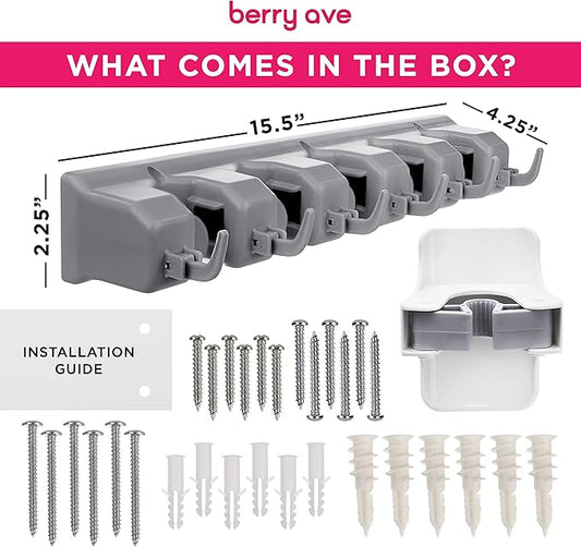 Combo 5 Slot Broom Holder w/ 1 Self Adhesive Mop Gripper No-Drilling, Wall Mount Tool Organizers For Kitchen, Garage, Laundry Room- Anti-Slip Hanger For Brooms, Mops, Rakes, Dustpans (Grey / White)-NeatNest