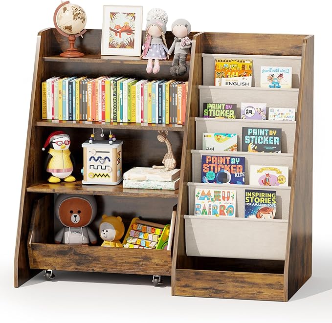 COZPAW Kids Bookshelf and Toy Storage, 4 Tier Toddler Bookshelf with Movable Drawer 5 Sling Pockets, Montessori Book Shelf for Kids Room, Playroom, Nursery (Brown)-NeatNest