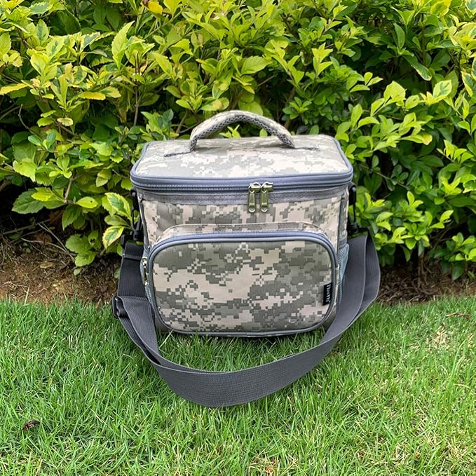FlowFly Insulated Reusable Lunch Bag Adult Large Lunch Box for Women and Men with Adjustable Shoulder Strap,Front Zipper Pocket and Dual Large Mesh Side Pockets,DigitalCamo-NeatNest
