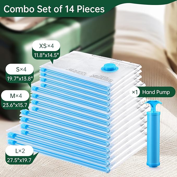 Travel Vacuum Bags with Pump - Compression Bags for Travel,Vacuum Storage Bags for Space Saver & Travel Essentials,Vacuum Seal Bags for Clothing,Travel Vacuum Bags for Luggage(14 Combo Pack)-NeatNest