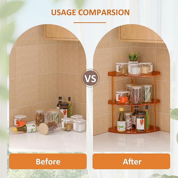 3 Tier Acrylic Corner Shelf Organizer Storage 9.5x9.5x15.7 Inch, Orange Countertop Corner Shelf for Bathroom, Kitchen, Bedroom, Office, Study Room-NeatNest