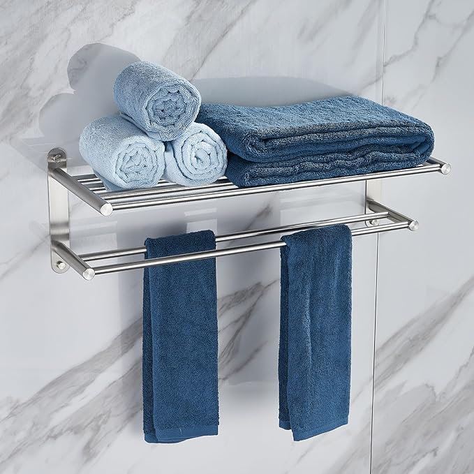 Bathroom Towel Rack with 24-Inch Multilayer Hotel Racks 304 Stainless Steel Towel Bar Shelf Wall-Mounted Brushed Finish Bar with Towel Shelves,2-Tier Bar Mounted