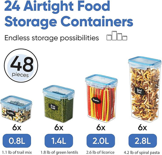 Chef's Path Airtight Food Containers with Lids (24 Pack - Blue) Kitchen Pantry Organization - BPA Free Food Storage Organizers for Cereal, Brown Sugar, Dry food - With Marker, Labels & Spoons-NeatNest