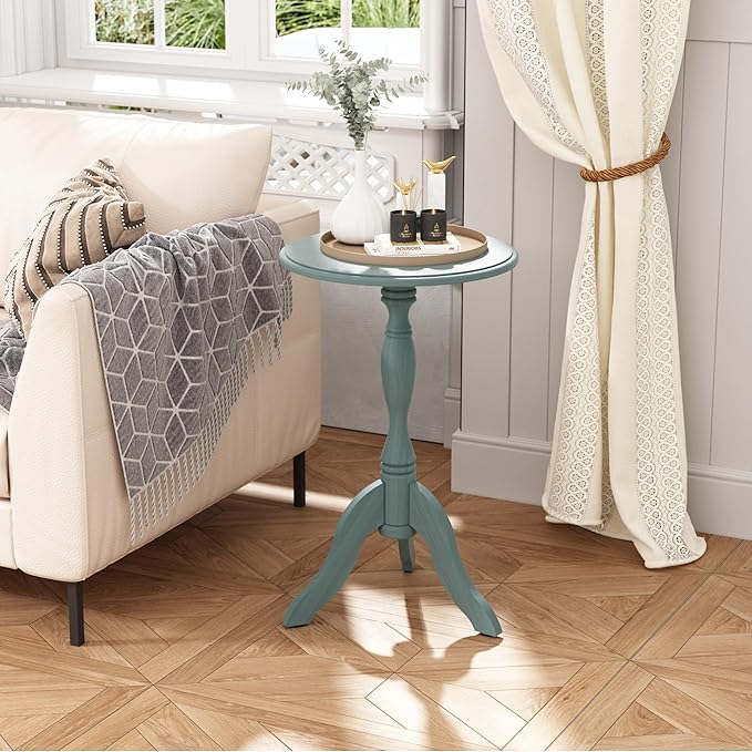 HLR Round Small End Table, Wooden Pedestal Side Coffee Tables, Vintage Accent Nightstand for Living Room, Bedroom, Entryway (1, Light Blue)