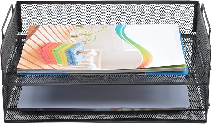 EASEPRES 2 Pack Stackable Desk Paper Tray, Metal Mesh Desktop Document Letter File Organizer for Office Home School, 13.5'' L x 9.75'' W x 5.5'' H, Black