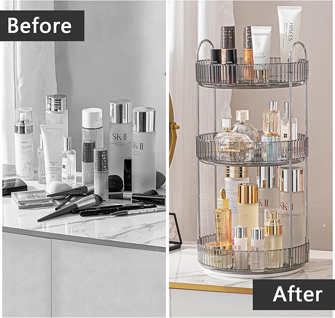 Rotating Makeup Organizer for Vanity, High-Capacity Skincare Clear Make Up Storage Perfume Organizers Cosmetic Dresser Organizer Countertop 360 Spinning (Gray, 3 Tier)-NeatNest