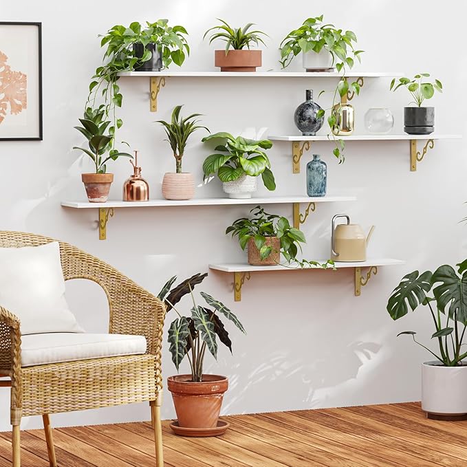 DINZI LVJ Long Wall Shelves, 47.3" Wall Mounted Shelves Set of 4, Wide Floating Shelf with Metal Brackets, for Living Room, Bathroom, Bedroom, Kitchen, Office, White and Gold-NeatNest