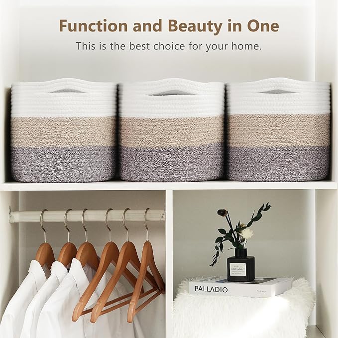 Cotton Rope Storage Basket, 15x10x9 Inches, Woven Basket for Shelves, Clothes, Toys, Towels, Books, and Laundry, Durable and Stylish, White Brown (2 Pack)-NeatNest