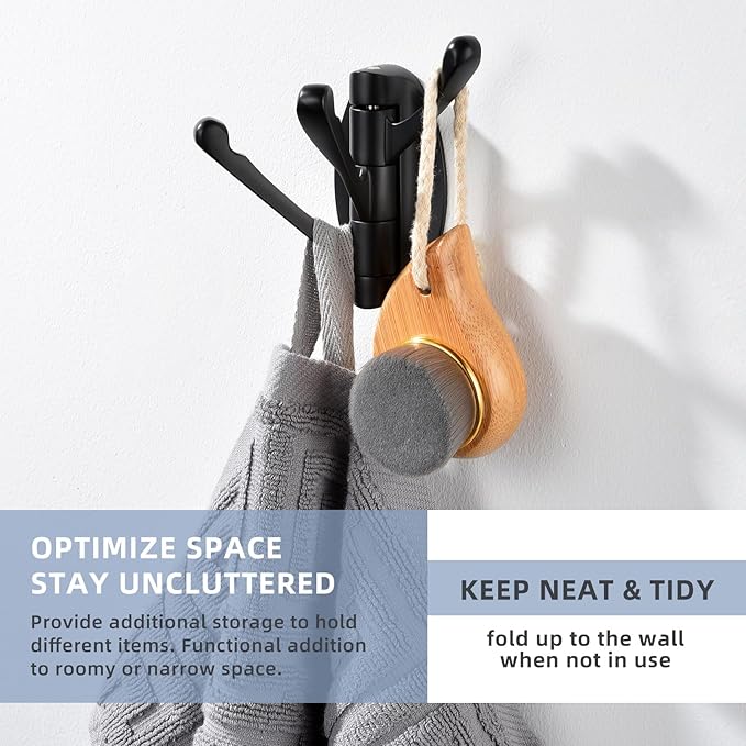 Angle Simple Towel Hook Matte Black 2 PCS, Metal Swivel Folding Robe Hook, Hand Towel Holder, Heavy Duty Clothes Hanger for Bathroom RV Wall Mount
