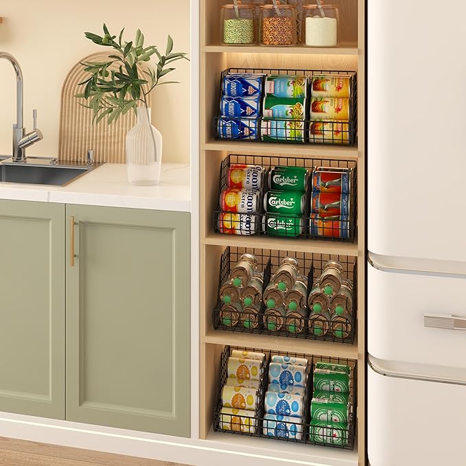 2-Tier Stackable Can Organizer for Pantry Shelves, 2 Pack Soda Can Organizer with 4 Adjustable Dividers, Kitchen Can Storage Organizer, Wire Drink Organizer, Metal Can Dispenser for Cabinets Shelf-NeatNest