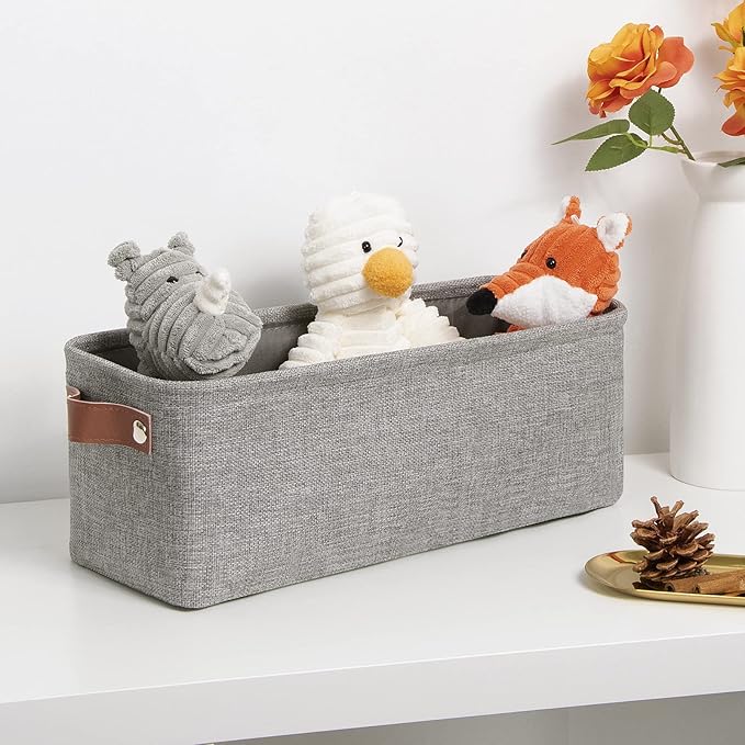 DULLEMELO Fabric Bathroom Storage Bin with Leather Handles, Narrow Organizer for Towels, Toilet Paper Rolls, Storage Basket for Back of Toilet, Vanities, Shelves & Cabinets (Gray)-NeatNest