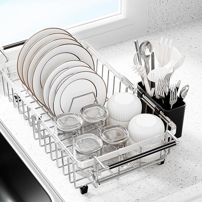 Expandable Dish Drying Rack in Sink,Stainless Steel Over The Sink Dish Drainer Drying Rack for Kitchen Counter,with Utensil Holder,Silver