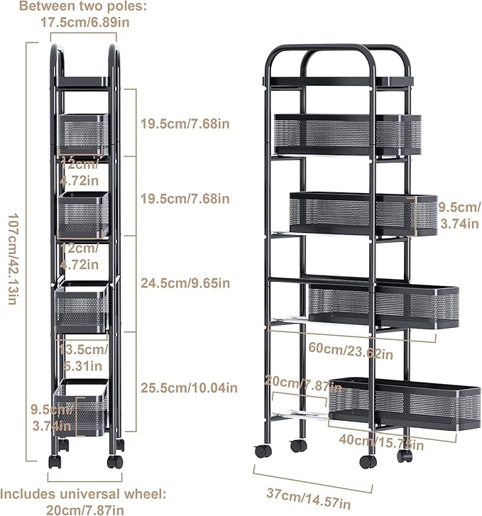 UMDONX Slim Storage Cart 5 Tier with Pull Out Basket Bathroom Organizer Rolling cart, Rolling Utility Cart Slide Out Organizer for Kitchen, Bathroom, Laundry Black