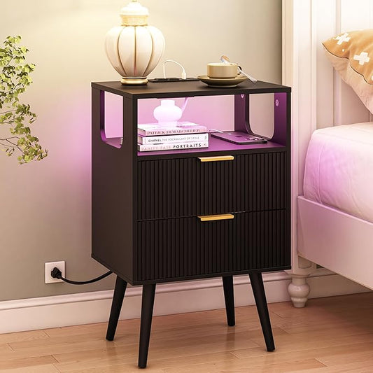 Black Nightstand with Charging Station and LED Lights,Modern Bedside Table with 2 Storage Drawer and Open Wood Shelf, for Bedroom and Small Spaces,Night Stand with Solid Wood Legs,Black-NeatNest