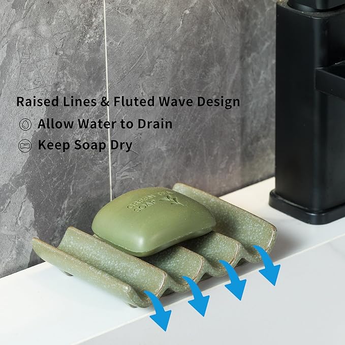 Draining Ceramic Soap Dish - Fluted Design, Bar Soap Holder for Shower & Bathroom, Soap Saver Sponge Lift, Green-NeatNest