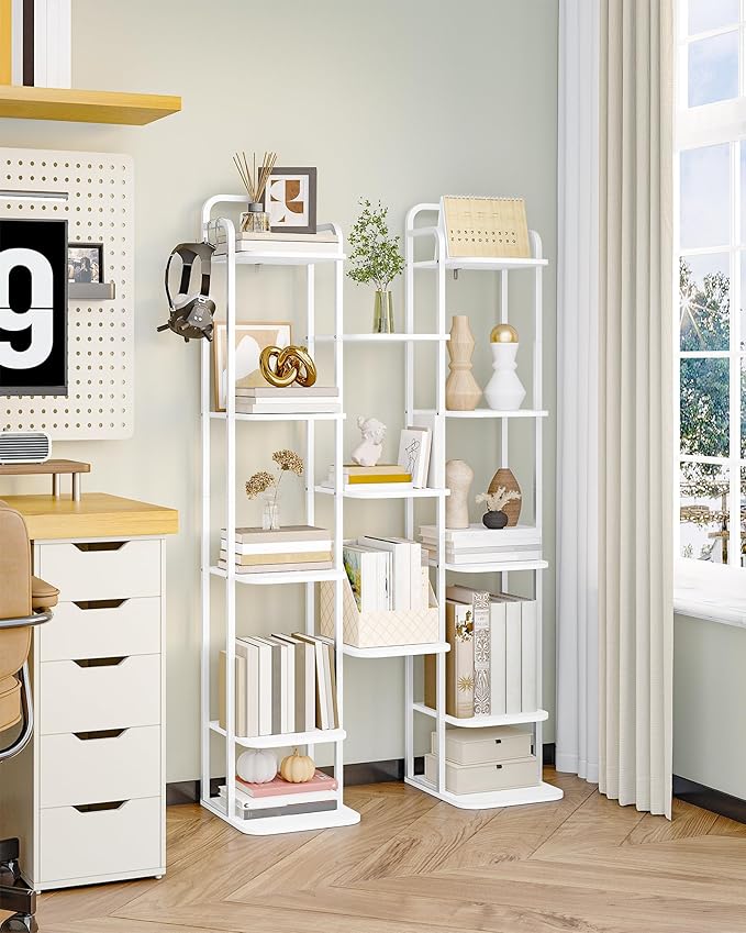 8 Tiers Vertical Shoe Rack, Narrow Shoe Tower, Tall Shoes Shelf with 2 Hooks, Adjustable Shelves, Corner Shoes Shelves for Small Spaces, Entryway, Living Room, White SR04313W-NeatNest