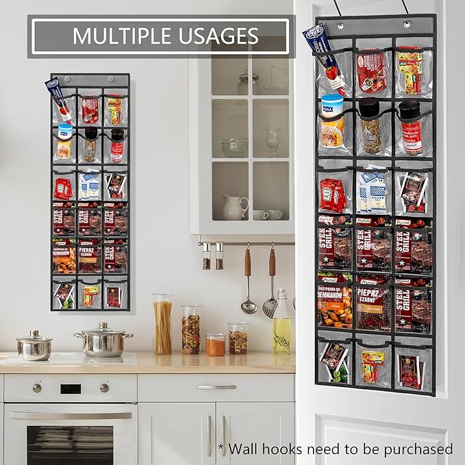 2 Pack Over the Door Pantry Organizer Hanging Seasoning Packet Storage Wall Mount Spice Holder for Kitchen Snack Food Tea Bag (Grey)-NeatNest