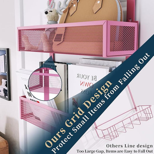 Consumest Over The Door Hooks Organizer - Extra Long Door Hanger with 9 Coat Hooks & 2 Mesh Basket, Back Storage Organizer Hanging Towels for Bathroom, Bedroom - Pink (for 1.76 in Doors)-NeatNest