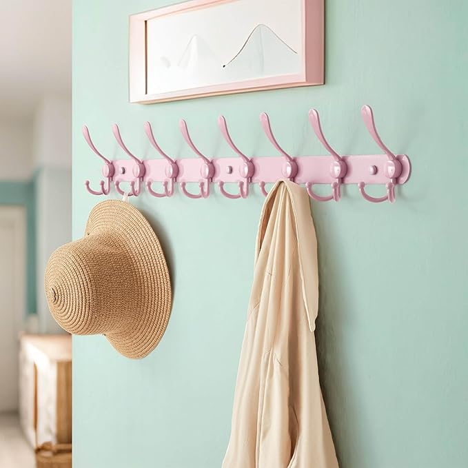 Dseap Coat Rack Wall Mount - 29.5” Long 8-Tri-Hooks Heavy Duty Coat Hanger Rail Wall Hooks for Hanging Coats Hats Clothing Clothes Purse Mudroom Entryway, Pink-NeatNest