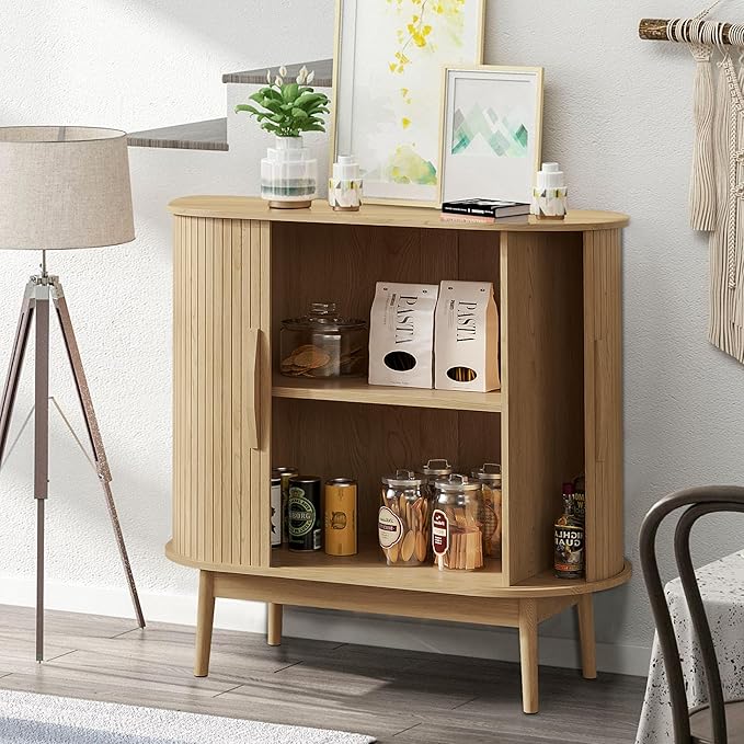 31" Small Sideboard Buffet Cabinet with Storage, Sliding Doors, Wooden Narrow Accent Storage Cabinet, Modern Buffet Table for Kitchen, Living Room (Wood)