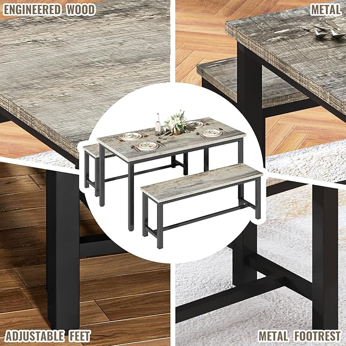 DKLGG Dining Room Table Set for 4, 47" Farmhouse Dining Table with Benches 3 Pieces Rectangular Kitchen & Dining Room Sets for Small Space, Restaurant, Apartment, Grey & Black-NeatNest