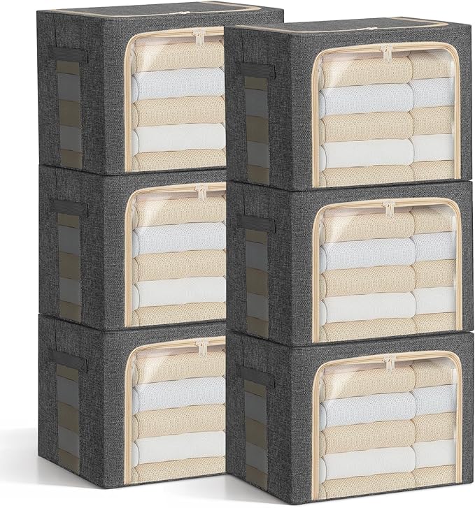 6-Pack Clothes Storage Bags, Foldable Storage Bins with Metal Frame, Clear Window, Reinforced Handles, Durable Non-Woven Fabric for Clothes, Bedding, Blankets, 40L, Dark Gray-NeatNest