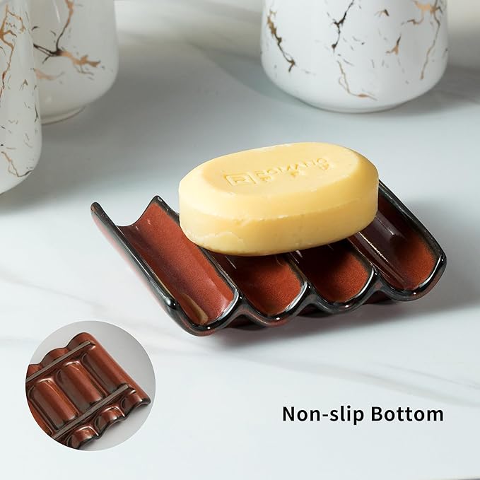 Bathroom Soap Dish for Shower, Bar Soap Holder with Self Drain, Ceramic Soap Saver Tray for Bathroom Sink, Kitchen Counter, Drain Fluted Design to Lift Soap Keep Dry, Red-NeatNest