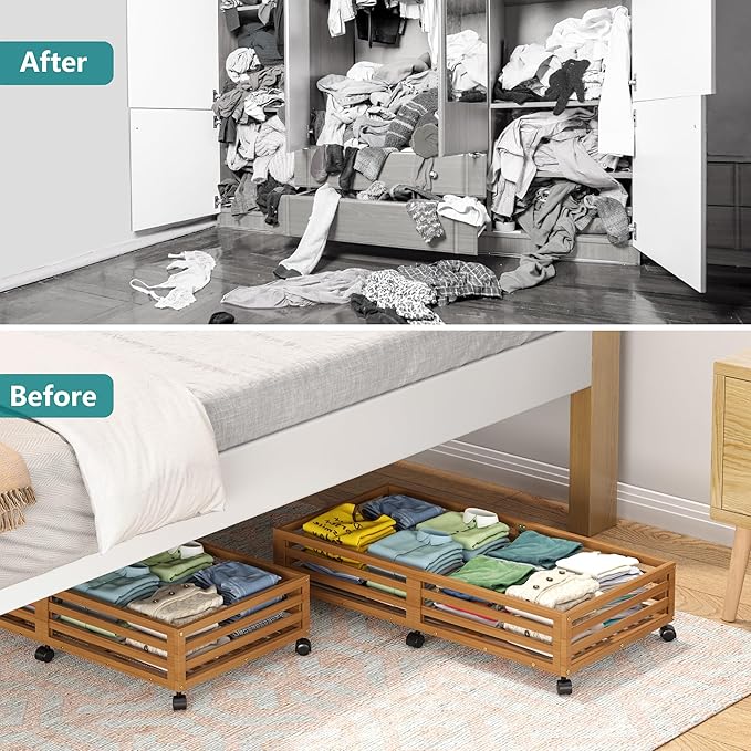 Bamboo Under Bed Storage Containers- Underbed Organizer with Wheels with Large Dust Bag,Sturdy Wood Rolling Under the Bed Shoe Storage Organizer Drawer 2 Packs (Walnut, Long)-NeatNest