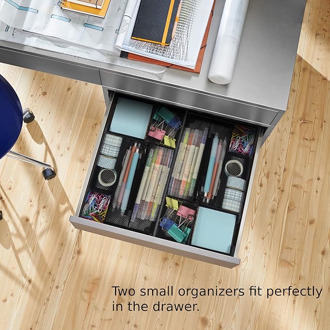 Desk Drawer Organizer Tray, Metal Mesh Drawer Office Drawer Organizer w/6 Compartment, Small Desk Organizer Tray for Home Office School Supplies, Desktop, 11X 6 X 1.45in, Black-NeatNest
