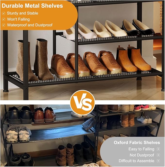 Snughome Shoe Rack for Entryway, 4 Tier Shoe Organizer with 2 Non-Woven Drawers, Shoe Storage Shelves with Sturdy Wooden Top and Metal Shelves, Shoe Stand for Closet-NeatNest