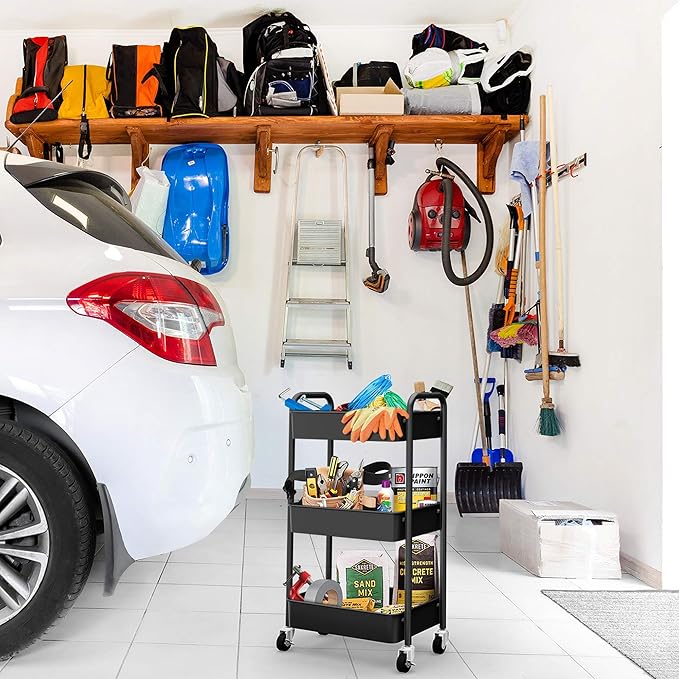 CAXXA 3-Tier Rolling Metal Storage Organizer - Mobile Utility Cart, Kitchen Cart with Caster Wheels (Black)-NeatNest