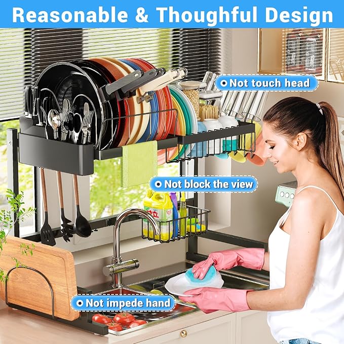 ADBIU 【Fit Sink 24"- 35.6" L】 2024 Over The Sink Drying Rack (Expandable Dimension) Snap-On Design 2 Tier Large Dish Rack Kitchen Count Organization and Storage