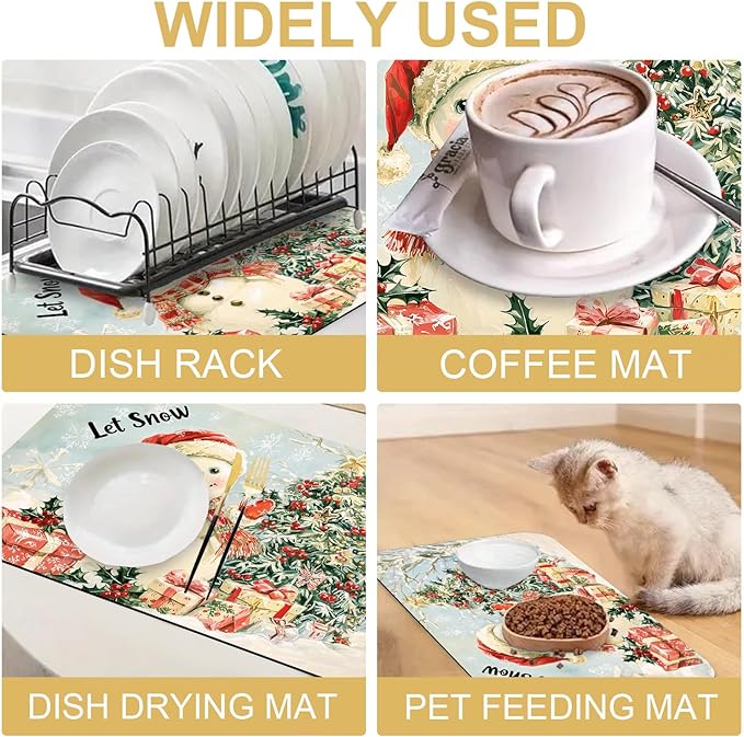 Hello Winter Dish Drying Mats for Kitchen Counter Absorbent Fast Dry Dish Drainer Rack Mats for Dishes Utensils Pot and Pan, Kitchen Accessories 20"x12"