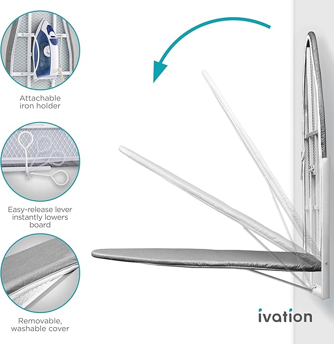 Ivation Wall-Mounted Ironing Board | Foldable 36.2” x 12.2” Sturdy Ironing Station for Home & Apartments, Easy-Release Lever, Removable Cotton Cover, Includes Mounting Hardware with Iron Holder