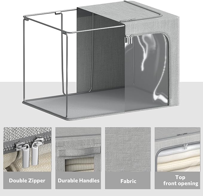 4 Pack Clothes Storage Bins with Metal Frame - Linen Fabric Foldable Stackable Container Organizer Set with Clear Window & Carry Handles & Zippers (Light Grey, 23.6"x16.5"x15.7")-NeatNest